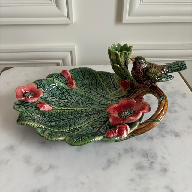 19th Century Majolica Multicolor Floral Bird Platter For Sale - Image 4 of 9