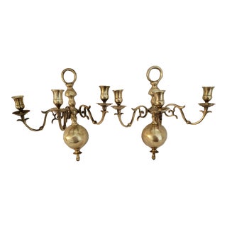Early 20th Century Brass Wall Sconce Candelabras With 3 Holders - a Pair For Sale