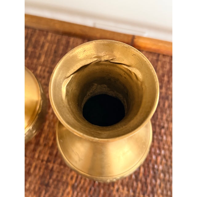 Metal Vintage Etched Korean Brass Vases Set of 2 For Sale - Image 7 of 8
