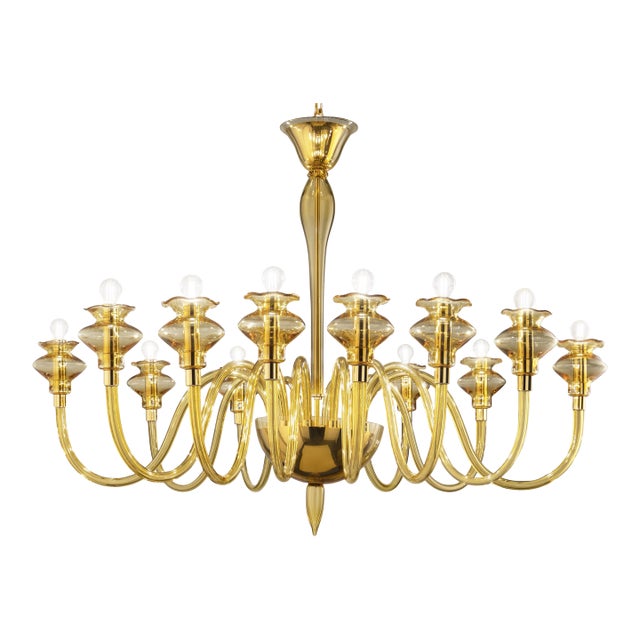 Elegant Linear Modern Amber Murano Glass Chandelier For Sale