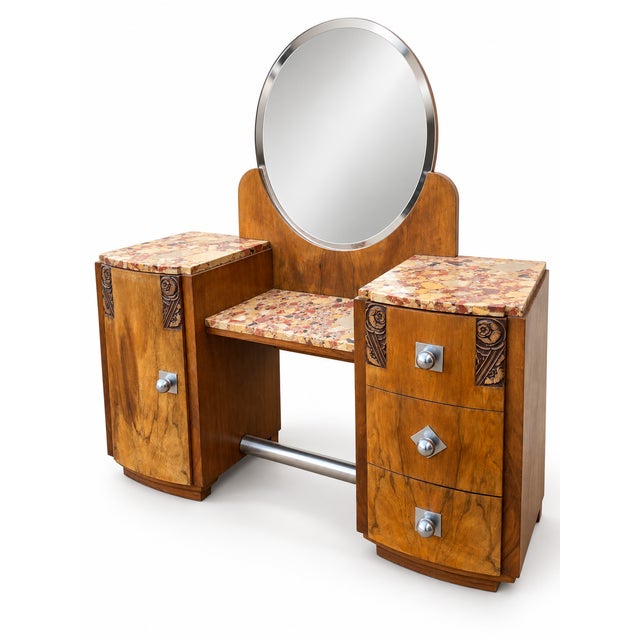 1930s Art Deco Walnut Dressing Table Set with Marble Top and Bedside Table, 1930s, Set of 2 For Sale - Image 5 of 15