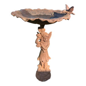 Vintage Patinated Cast Iron Pedestal Bird Bath Sculpture With Nymph Figure Stand and Bird on the Rim