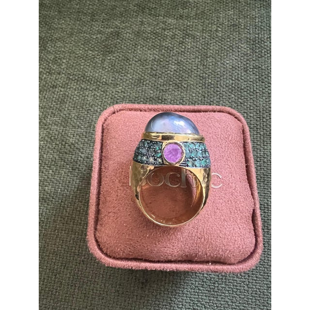 English Bochic “Orient” Tahiti Pearl, Emerald & Ruby Cocktail Ring Set 18K Gold & Silver For Sale - Image 3 of 12