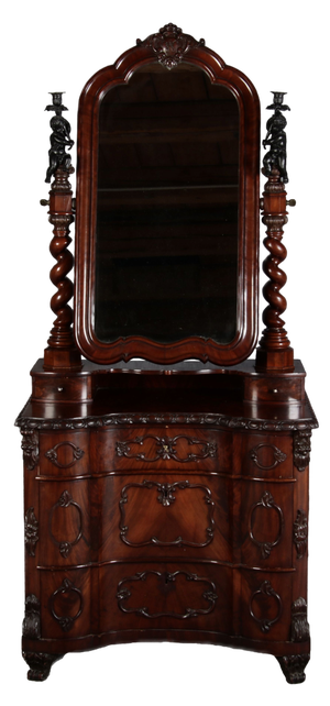 Narrow Chest of Drawers in Mahogany with Cast Iron Candlesticks and Mirror, 1860s