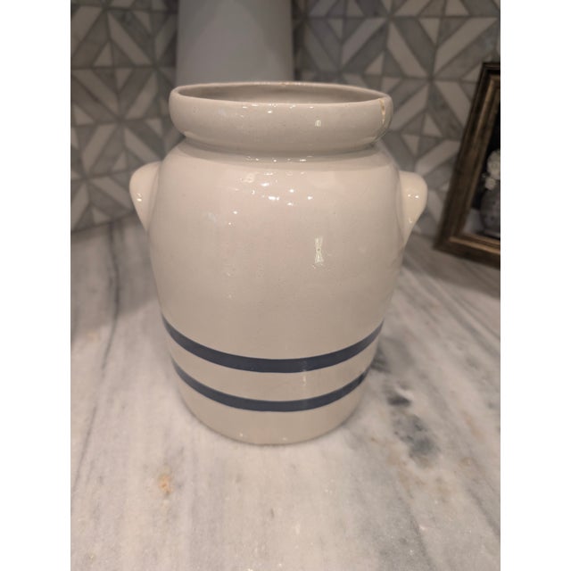 Farmhouse Vintage Robinson Ramsbottom Crock 4 Qt Stoneware With Blue Stripes For Sale - Image 3 of 12