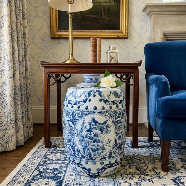 Vintage Blue & White Chinoiserie Porcelain Garden Stool With Double Coin & Floral Medallions For Sale - Image 4 of 9