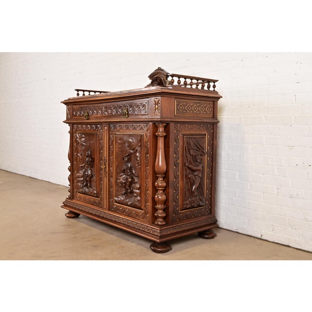 French Antique Italian Renaissance Revial Carved Walnut and Marble Top Sideboard or Bar Cabinet, Circa 1890s For Sale - Image 3 of 16