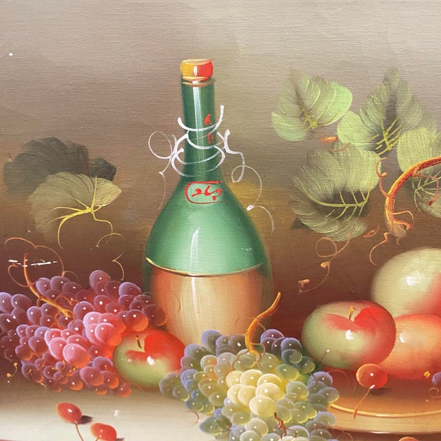 Vintage Still Life "Wine and Grapes" Painting on Canvas For Sale - Image 9 of 10