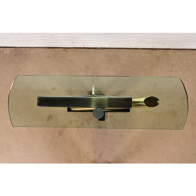 1980s Kaizo Oto for Design Institute of America Postmodern Sculptural Steel and Brass Glass Top Console Table, 1980s For Sale - Image 5 of 10