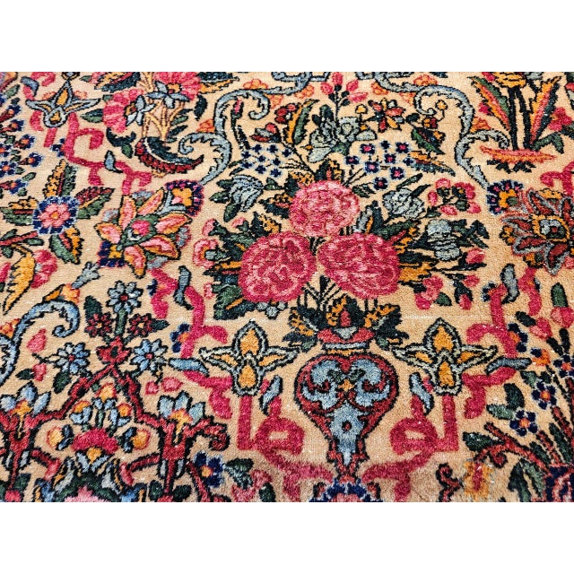 Early 20th Century Vintage Oversized Persian Kerman Lavar Rug, Hand-Knotted Wool, Allover Floral Vase Pattern, Ivory & Turquoise, 9’ X 14’ For Sale - Image 5 of 18