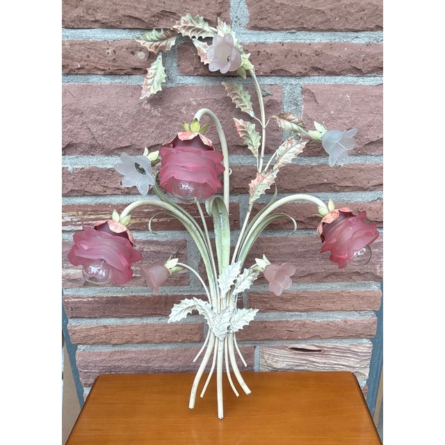 Pink Italian Florentine Metal and Glass Wall Lamp, 1950s For Sale - Image 8 of 9