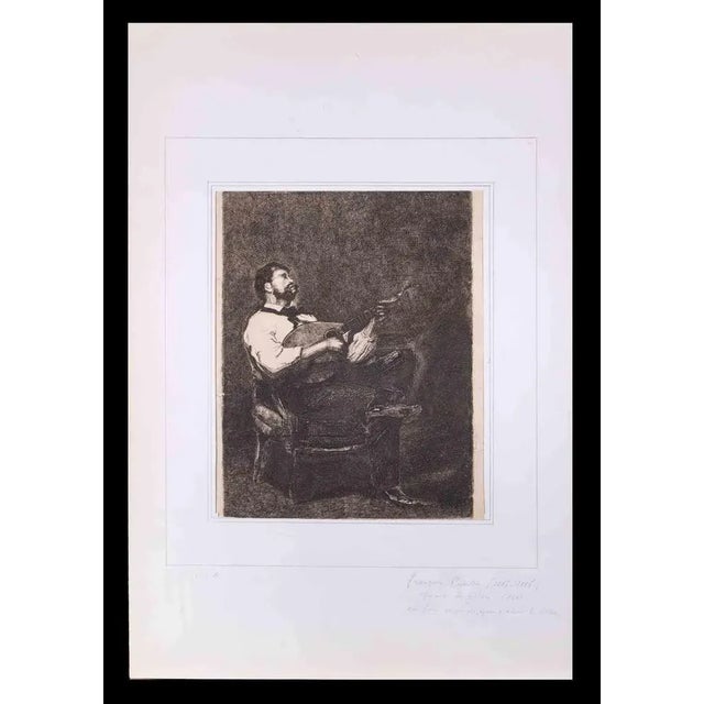 Guitar Player is an original print, realized in 1861 by the French artist François Bonvin. Black and white etching on...