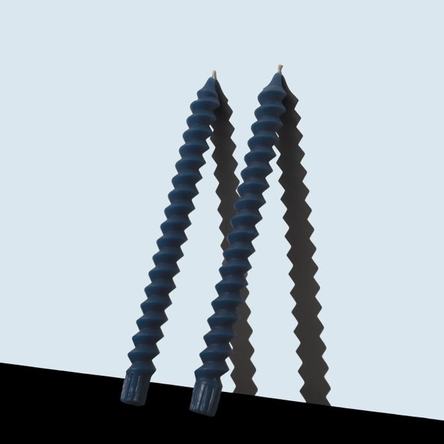 Postmodern Spiral Taper Candles in Lucid Blue - a Pair For Sale - Image 4 of 4