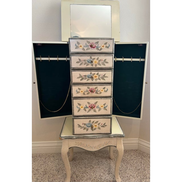 French Country Hand-Painted Floral Jewelry Armoire Cabinet With Mirror & Storage For Sale - Image 3 of 10