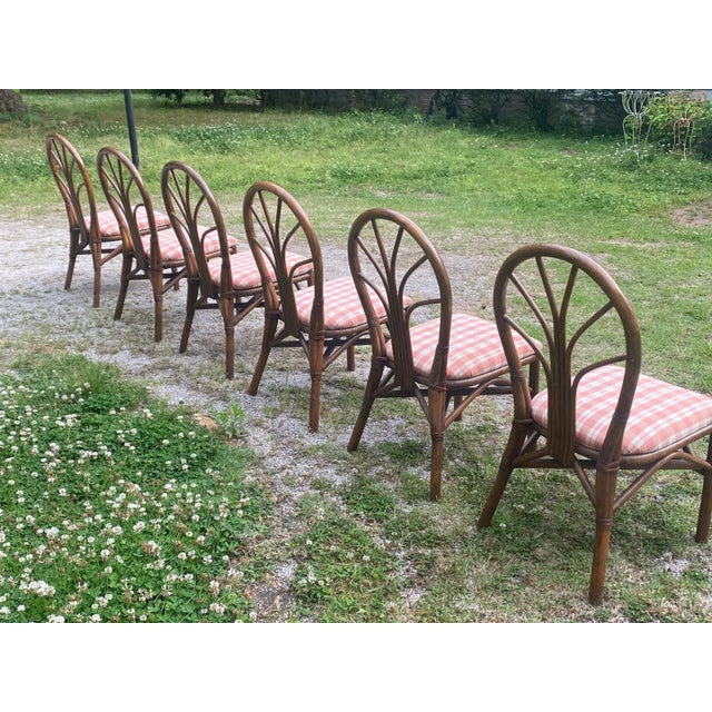 Vintage Rattan Dining Chairs - Mid Century Coastal Bamboo Dining Set - Palm Beach Regency Boho Kitchen Chairs (Set of 6) For Sale - Image 11 of 14