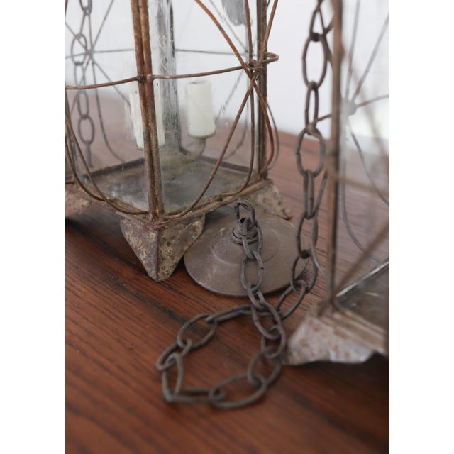 Metal Pair of Newly Wired Antique French Tôle and Glass Lanterns For Sale - Image 7 of 10