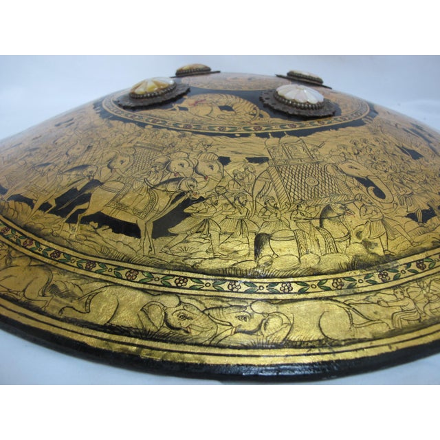 Indian Ceremonial Rajput Dhal Shield Intricate Gold Painted Hunting Scenes For Sale - Image 4 of 18