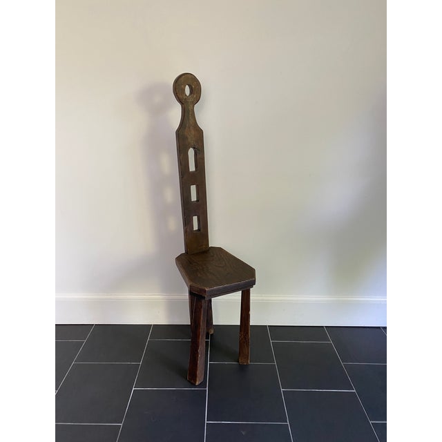Wood Early 20th Century Vintage Primitive Three Legged Carved Wood Chair For Sale - Image 7 of 8