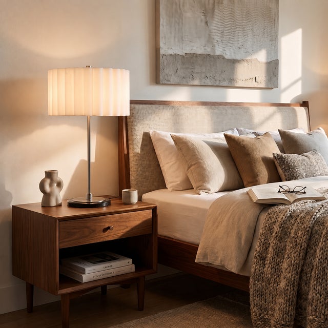 Nova Slimline Table Lamp, Satin Nickel Steel Body, White Linen Drum Shade, Modern Design For Sale - Image 4 of 5