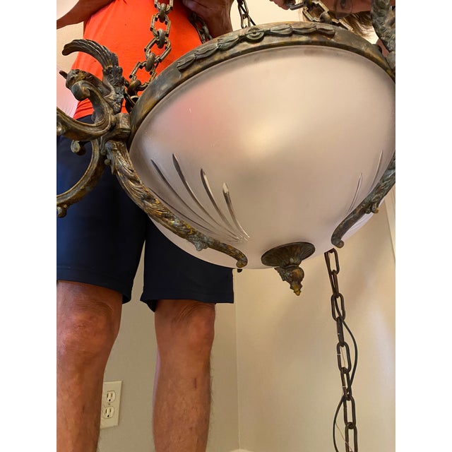 Late 20th Century Neo-Classical Cast Bronze Chandelier With Frosted Crystal Hand-Cut Globes For Sale - Image 9 of 13