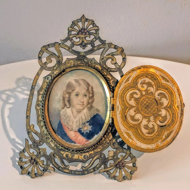 Brass Late 19th Century Rare Anton Boehme Frame With Napoleon II Miniature Portrait Painting For Sale - Image 8 of 8