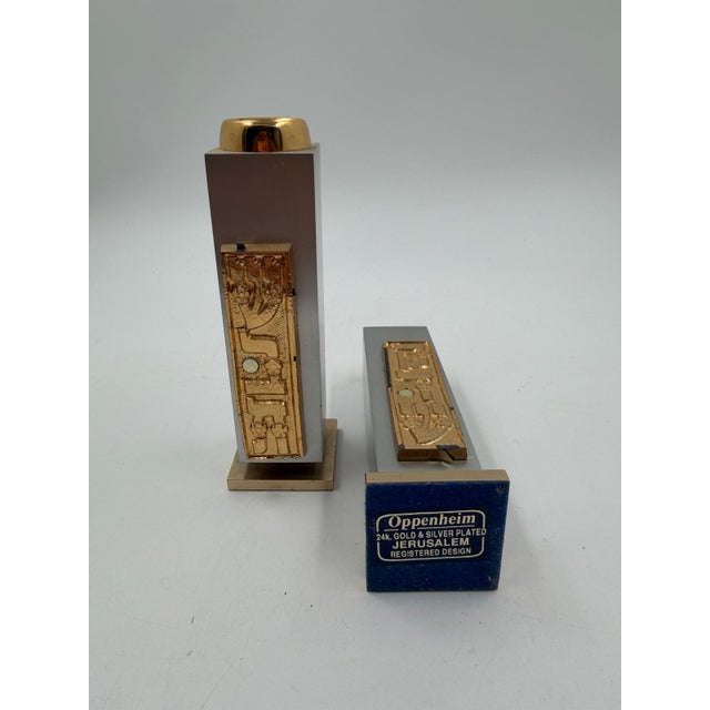 Gold Mid-Century Jerusalem RD Candlesticks in 24k Gold Plate & Silver Plate from Oppenheim, Set of 2 For Sale - Image 8 of 16