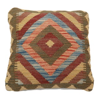 Arteverk Handwoven Afghan Kilim Pillow — Red & Blue Diamond Medallion For Sale