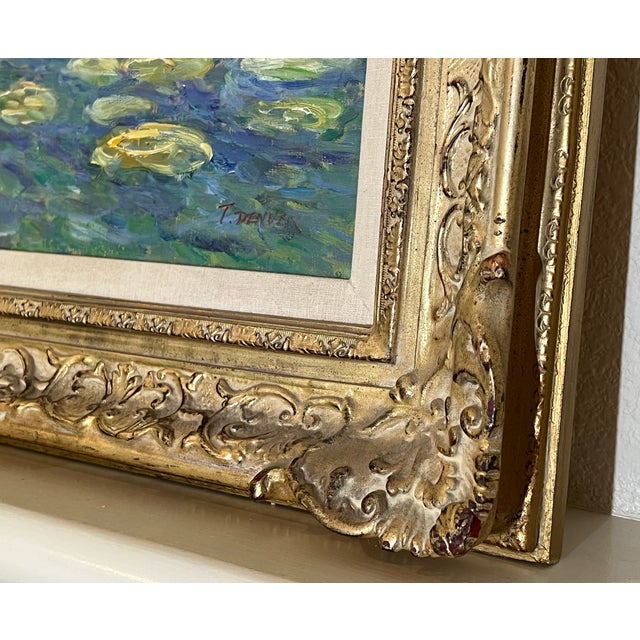 1980s Signed Oil Painting, Style of Monet's Water Lilies With Gold Ornate Frame For Sale - Image 13 of 18