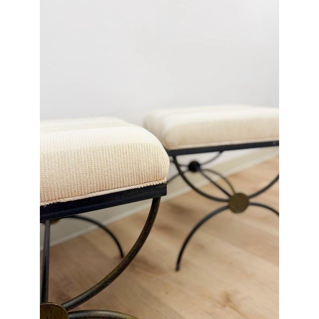 Metal Pair of Swain Style Designer Metal and Beige Upholstered Footstools, High Point For Sale - Image 7 of 10