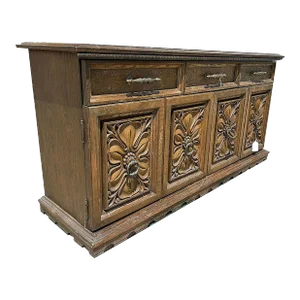 1970s Mid Century Mediterranean Revival Carved Oakwood Buffet Cabinet