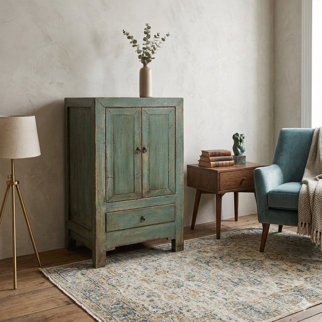 Wood Distressed Light Teal Color Slim End Table Nightstand Cabinet For Sale - Image 7 of 7