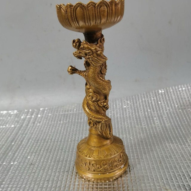 1970s 1970s Brass Dragon & Phoenix Candle Holders, Pair of Lotus Top Candlesticks For Sale - Image 5 of 9