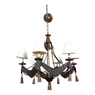 Gilt Decorated Wrought Iron and Tole Chandelier For Sale