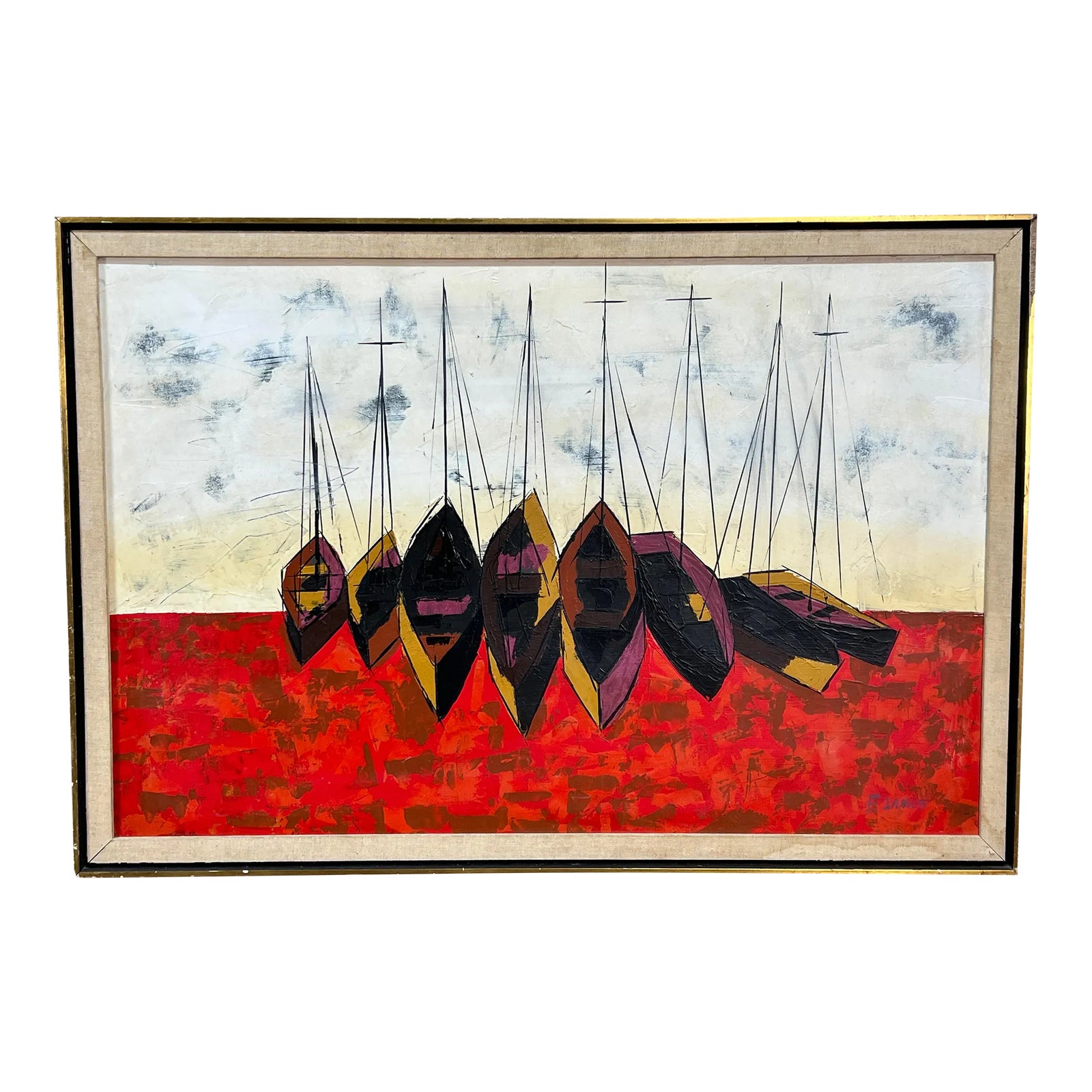 Vintage Scandinavian Mid Century Modernist Oil on Board Painting of Sailboats