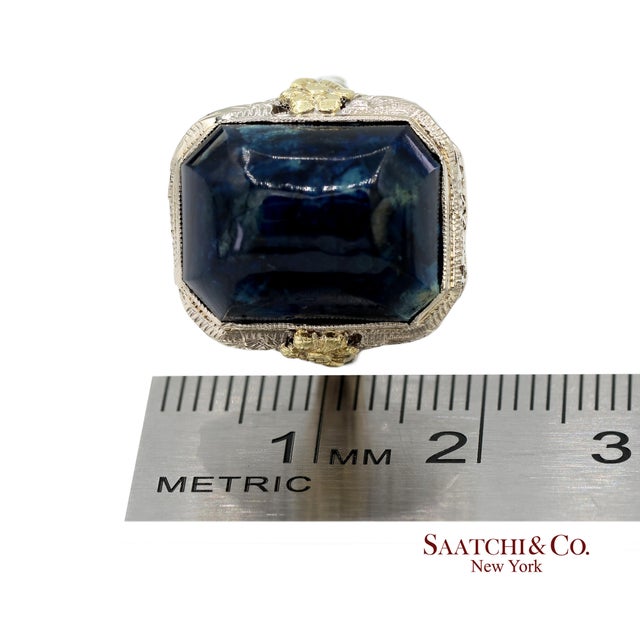 14k Two Tone Yellow and White Gold Blue Stone Ornate Floral Motif Ring, Size 5.25 For Sale - Image 13 of 13