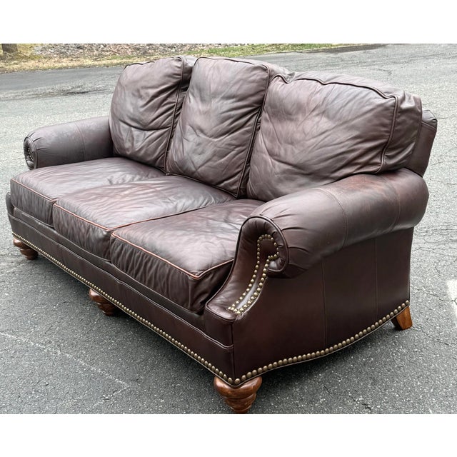 Handsome leather sofa made by Wesley hall for Hickory galleries. Features a super supple leather upholstery, rolled arms,...