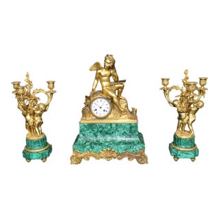 French 19th C Bronze Ormolu and Malachite Clockset Made for Tiffany & Co France For Sale
