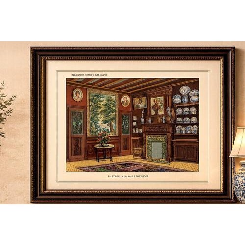 French Art Nouveau Interior Study with Delft Faience Collection, c.1900 Original color plate from the celebrated...