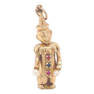 Mid 20th Century Pearl Sapphire & Ruby 14k Yellow Gold Movable Clown Charm Pendant For Sale