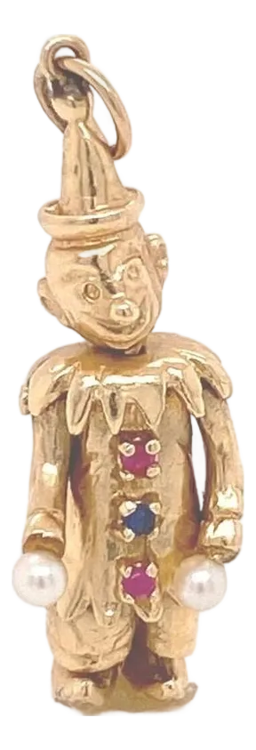 Mid 20th Century Pearl Sapphire & Ruby 14k Yellow Gold Movable Clown Charm Pendant