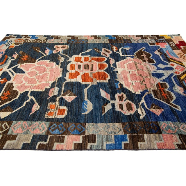 Modern Moroccan Style Handmade Wool Rug in Navy Blue With Tribal Pattern For Sale - Image 4 of 9