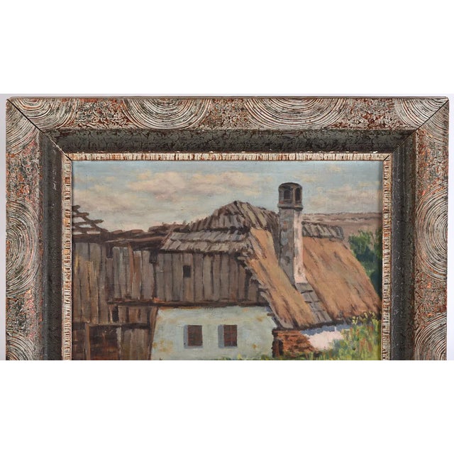 Impressionist Early 20th Century Oil Painting European Barn Landscape in Faux Bois Frame For Sale - Image 3 of 13