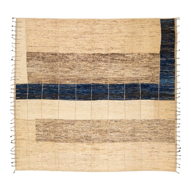 Modern Beige Moroccan Style Handmade Geometric Designed Boho Square Wool Rug For Sale