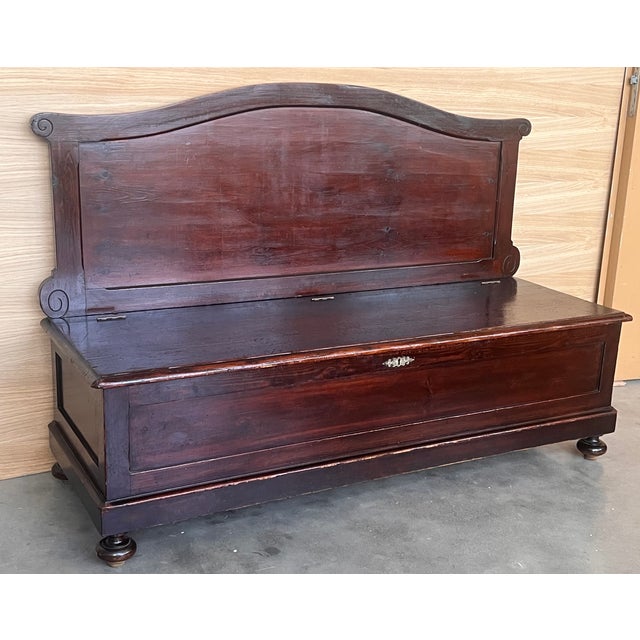 Italian Antique Walnut Wood Bench With Trunk For Sale - Image 4 of 10