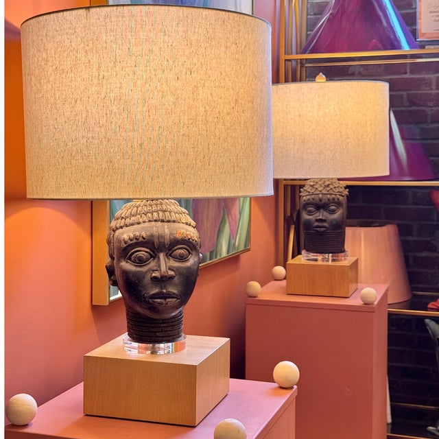 Ceramic Early 19th Century Benin Oba Head Lamps, Pair For Sale - Image 7 of 7