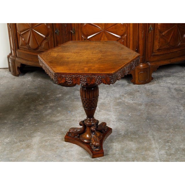 English English 19th Century Walnut Pedestal Side Table with Carved Grapes and Dolphins For Sale - Image 3 of 10