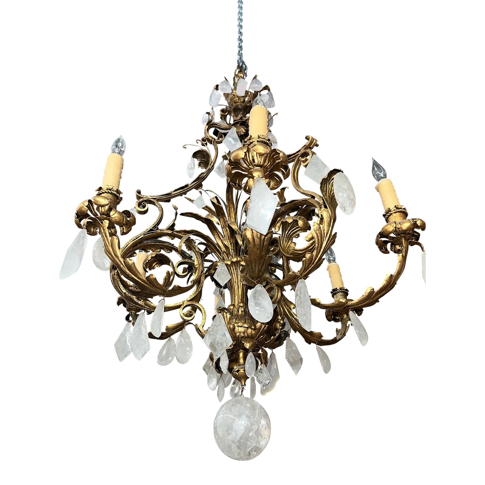 Vintage 1930s Rock Crystal Italian Chandelier With Gilt