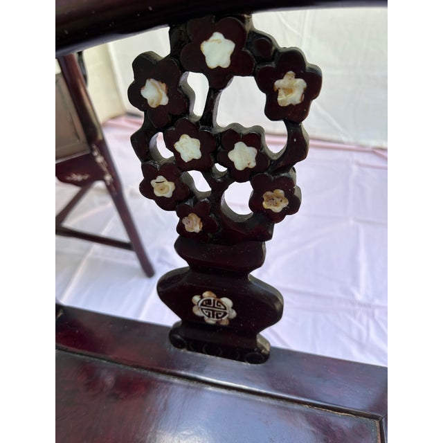 Vintage Chinese Carved Hardwood Corner Lounge Chair With Mother of Pearl Inlay For Sale - Image 4 of 6