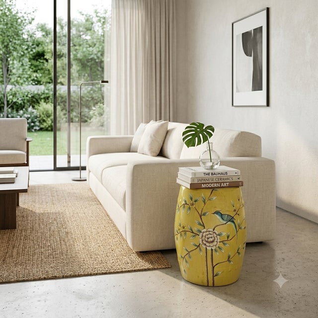 1990s Distressed Yellow Porcelain Flower Birds Round Barrel Stool Table For Sale - Image 5 of 8