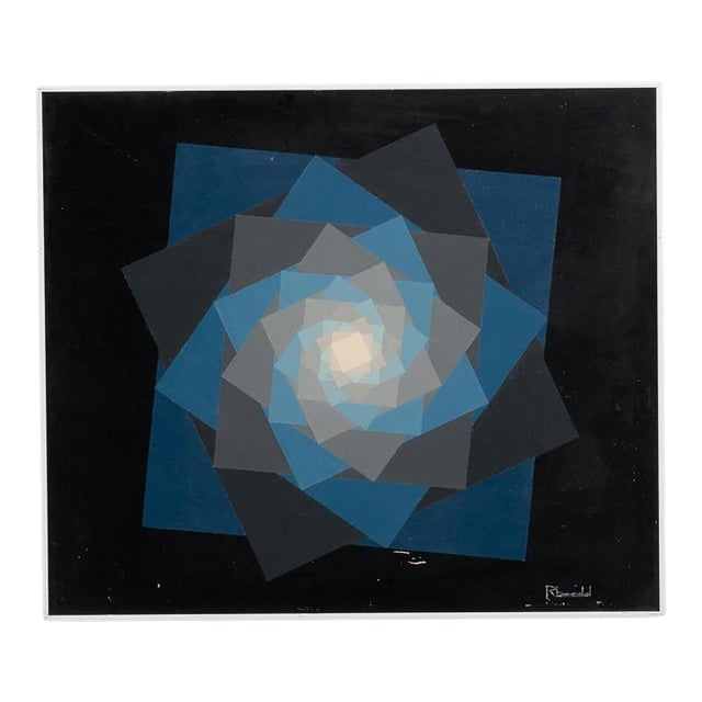 20th Century Belgian Black Geometric Abstract Vintage Painting With Metal Frame by Rene Berdal For Sale